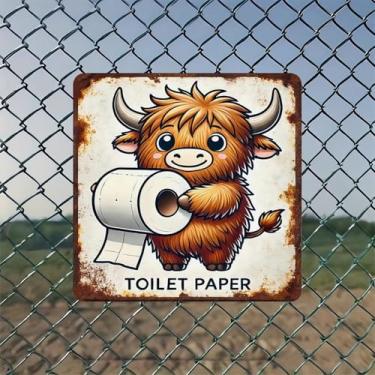 Imagem de Highland Cow Hold Papel higiênico Vintage Metal Tin Sign Wall Art - Decoração de parede retrô de 20 x 20 cm para presente de casa, bar, garagem e escritório fazenda