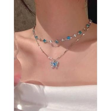 Imagem de Corrente de borboleta de cristal azul, colarinho de camada dupla, colar de presente para ocasiões especiais, joias modernas, boêmio, fashion