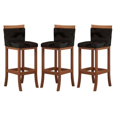 Imagem de Kit 3 Banquetas Bistrô em Suede Preto para Cozinha Americana