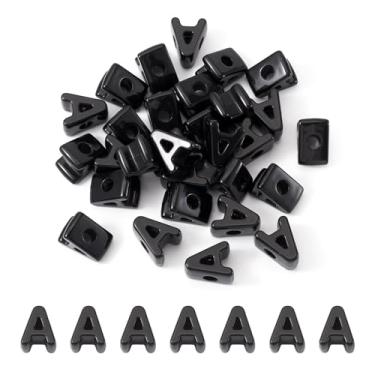 Imagem de Beadthoven 30 peças grandes letras A contas de acrílico preto grande buraco plástico slide bloco alfabeto bloco opaco bolha letra contas espaçadores para amizade pulseiras chaveiro cadarço diy