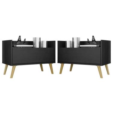 Imagem de Kit Com 2 Mesas De Cabeceira 80Cm Retrô Multimóveis V4002 Preta/Natural Preto/Natural