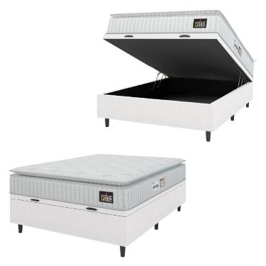 Imagem de Cama Box Baú Colchão Casal Espuma D33 Vangogh Pillow Top 138x188x70cm Branco Linho Hellen Branco