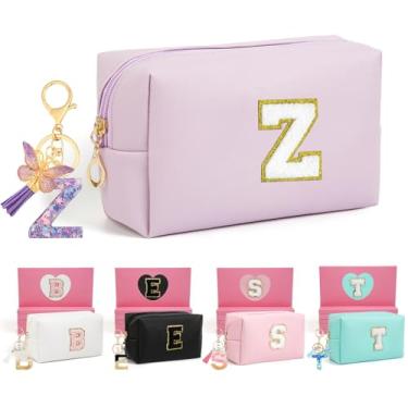 Imagem de AIBFRID 2 peças de bolsas de maquiagem iniciais para mulheres, presentes de aniversário para meninas de 10, 5, 6, 7, 8, 9, 10, 11 e 12 anos, bolsas de cosméticos de viagem, bolsa de maquiagem fofa