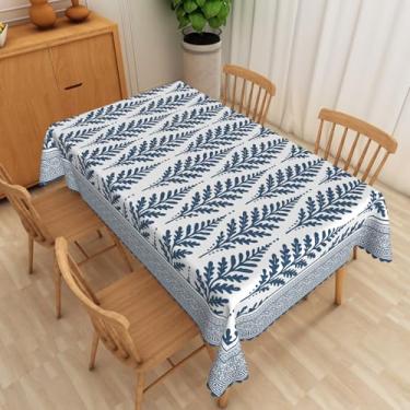 Imagem de SIEDYCV Toalha de mesa azul marinho com folhas de samambaia 177 x 300 cm, planta selvagem, folha de samambaia, azul marinho, tecido geométrico, bordada, toalha de mesa de poliéster, à prova de óleo