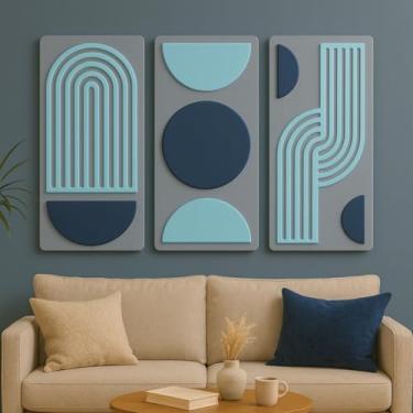 Imagem de Conjunto Trio de Quadros Decorativos abstrato Geométrico Sala Escritório Quarto em MDF e relevo 3D(Cinza escuro e Azul)