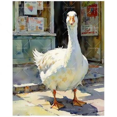 Imagem de TAOPAOLAB Kit de pintura animal por números para adultos - Ganso branco DIY na frente da livraria, pintura em tela, 40,6 x 50 cm, conjunto de tinta acrílica para iniciantes, arte de fazenda para