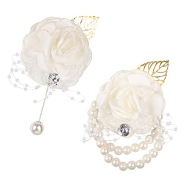 Imagem de AUEAR, Pacote com 2 unidades, rosa branca, dama de honra, flor, corsage, noiva, seda, folha de ouro artificial, pérola