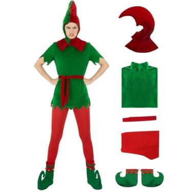 Imagem de Poboola Fantasia de elfo de Natal para mulheres, fantasia de ajudante do Papai Noel, adulto, engraçado, chapéu de elfos mal-humorados, roupa para festas de fim de ano, cosplay, Verde, GG