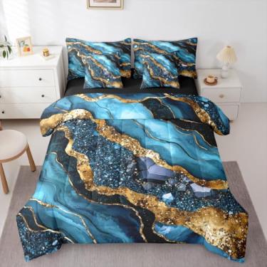 Imagem de Erosebridal Jogo de cama solteiro de mármore, azul dourado, 7 peças, com lençóis, estética, conjunto de edredom para crianças e adultos, conjunto de cama abstrata em aquarela