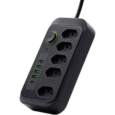 Imagem de Filtro de Linha Premium, Régua de Energia com 5 Tomadas, 4 USB, 1 USB-C, Cabo 2 Metros, 2500W, 110-220V, Bivolt
