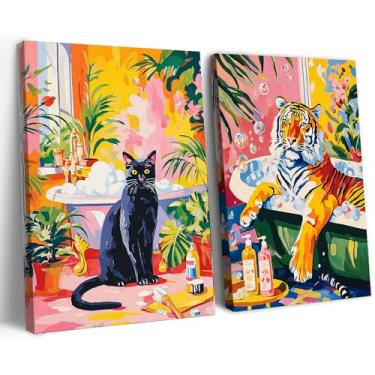 Imagem de Frimeeme Conjunto de arte de parede de tigre de banheiro, impressão de banheira de gato e tigre, decoração de tela estética rosa, 30,5 x 40,6 cm, 2 peças
