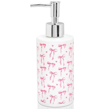Imagem de FYSUIMU Dispensador de sabão Pink Bow recarregável, recipiente de sabão em aquarela, mini dispensador de sabão de vidro de coração com bomba para decoração de bancada de banheiro e cozinha