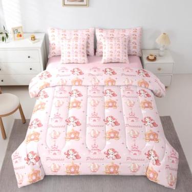Imagem de Feelyou Conjunto de edredom de princesa, solteiro, 7 peças, carruagem de abóbora, para crianças, meninos, meninas, cama de unicórnio fofo em uma bolsa com edredom, lençóis, fronhas, capas de almofada