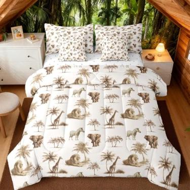 Imagem de Feelyou Conjunto de edredom com animais da selva, 7 peças, solteiro, elefante e leão, para crianças, meninos, meninas, zebra, decoração de quarto, girafa, vida selvagem, marrom