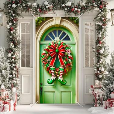 Imagem de BlissYard Capa de porta de Natal 188 x 89 cm capa de guirlanda de inverno caprichosa pernas de elfo design de grinalda vibrante decoração de porta de feriado alegre faixa de boas-vindas para entrada