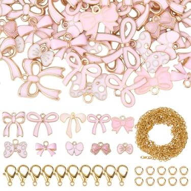 Imagem de SUNNYCLUE 1 caixa, 50 peças, berloques de laço esmaltados, pingentes de laço rosa fofos com 50 peças de anéis de salto, 50 peças, fechos de garra de lagosta, 1 m, correntes de joias para fazer joias