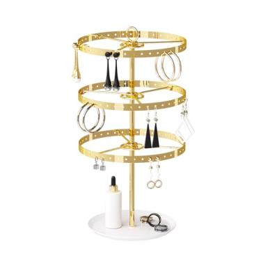 Imagem de KunGe Organizador de brincos de 3 camadas, suporte giratório de metal, árvore de exibição ajustável, suporte de carrossel de 126 furos para mulheres penduradas com argola perfurada, vista perfeita