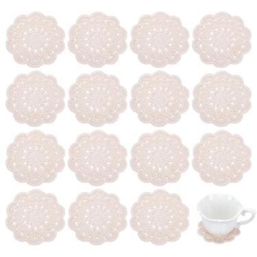 Imagem de FINGERINSPIRE 12 peças de porta-copos pequenos de renda de crochê de 10 cm poliéster feito à mão para copos de crochê florais de pano tapetes de renda vintage tapete de copo em forma de flor DIY para