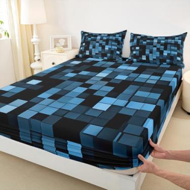 Imagem de Jogo de lençol infantil casal Pixelated Blocks, decoração de quarto de videogame, quadriculado geométrico, para meninos e meninas, azul, 2 fronhas (não planas)