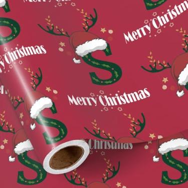 Imagem de RUSPEPA Rolo de papel de embrulho de Natal com letra S, mini rolo, letra S com chapéu de Papai Noel, chifres de rena e texto de Feliz Natal, embrulho vermelho para presente de Natal personalizado, 43