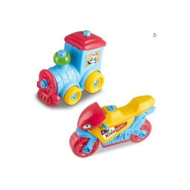 Imagem de Kit Infantil de Brinquedos, Moto e Trem Multicolorido, Plástico, Trem 16x11x19cm e Moto 12x16x21cm, com Adesivo para Personalizar, para Crianças a partir de 3 Anos