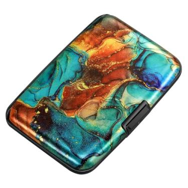 Imagem de ELFISH Mini carteira de alumínio RFID porta-cartões de crédito capa de metal para identidade masculina e feminina, Mármore marrom azul, Compacto