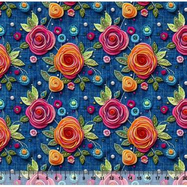 Imagem de Tecido Tricoline Digital Flores Perola Jeans 3D - PX