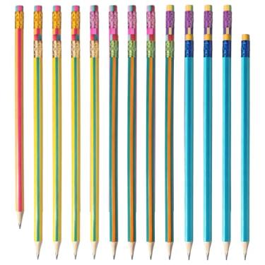 Imagem de M&G Pacote com 24 lápis triangulares 2B da série Aurora, pré-afiados com borrachas, núcleo resistente à quebra de escrita suave, 6 cores listradas em dois tons para escola, escritório, sala de aula