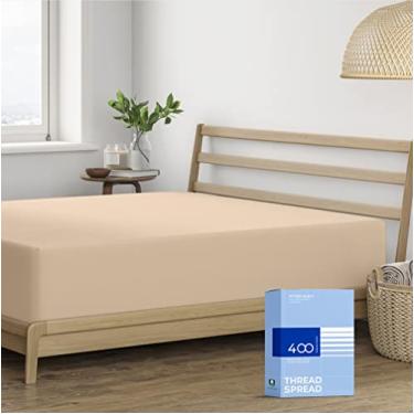 Imagem de THREAD SPREAD Lençol Queen com elástico de 400 fios – Somente lençol Queen 100% algodão, luxuosamente macio, durável, refrescante, bolso profundo de 41 cm, qualidade hoteleira – Cacau Taupe