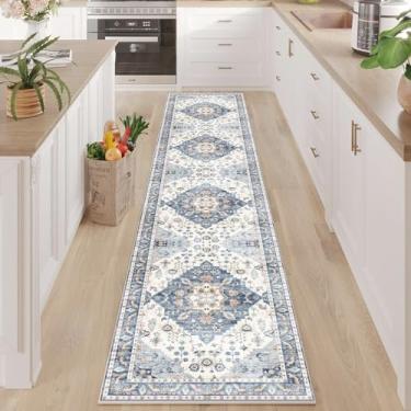 Imagem de Enkor Tapetes de corredor para corredor, tapetes antiderrapantes laváveis 5 x 25 cm para cozinha, tapete moderno para sala de estar, quarto, entrada, azul e branco