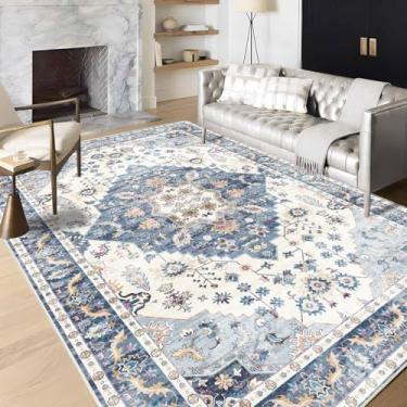 Imagem de Enkor Tapetes macios de área, 15 x 23 cm, lavável, antiderrapante, boho, para sala de estar, quarto, estilo vintage, tapete de casa de fazenda para entrada de cozinha, azul e branco