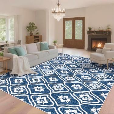 Imagem de EcoNest Tapetes de 20 x 3 m, tapete azul lavável para sala de estar, tapete geométrico, boêmio, macio, estampa marroquina, antiderrapante, para uso interno, cozinha, banheiro