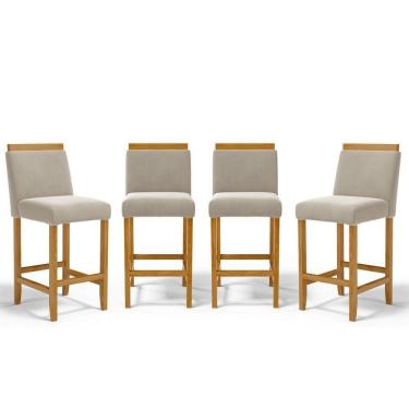 Imagem de Kit Com 4 Banquetas Eloá Madeira Maciça Assento Estofado Para Bancada Veludo Bege 102