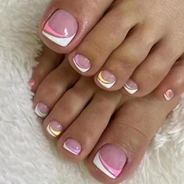 Imagem de Rainbow French Press on Toenails Kit de unhas postiças femininas, ponta francesa pressionada nas unhas florais, 24 peças de acrílico dedos dos pés unhas curtas quadradas prensadas femininas conjunto