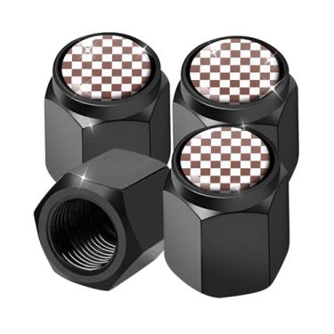 Imagem de 4 peças de tampas universais de haste de válvula de pneu de alumínio, poeira durável e corrosão, capas à prova de prova para carros, caminhões, bicicletas, motocicletas (xadrez de café)