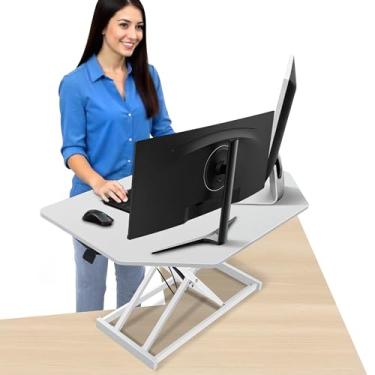 Imagem de Aconcept Conversor de mesa de canto branco ajustável de 81 cm, suporte de mesa sentado para ficar em pé com um clique, monitor duplo pré-montado e estação de trabalho para laptop