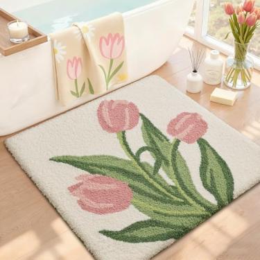 Imagem de LUMI Tapetes de banheiro tulipa fofa, tapete de banho quadrado macio absorvente, antiderrapante, lavável na máquina, secagem rápida, tapete de luxo bege, flor para quarto de crianças, banheira