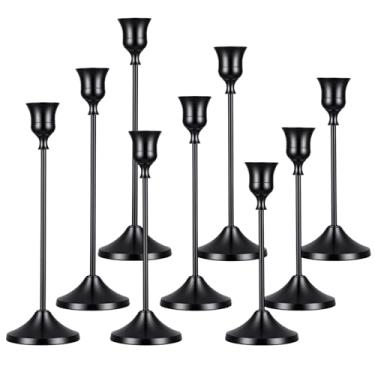 Imagem de HAKZEON Conjunto de 3 castiçais de metal preto, 9 peças, suporte de castiçal afunilado vintage para decoração de mesa de jantar, ideal para festa de casamento, Natal, aniversário