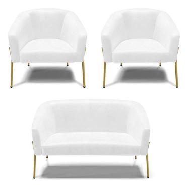 Imagem de Sofá Namoradeira E 2 Poltronas Pé De Ferro Dourado Stella Corano D03 - D'rossi Cor Branco
