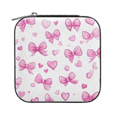 Imagem de SEHANY Caixa de joias personalizada com laço rosa para mulheres, meninas, mini estojo de joias de couro PU, organizador de joias de viagem, caixa de joias para brincos, anéis, colares, presentes para
