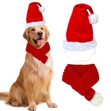 Imagem de Chapéu de Papai Noel de Natal para cães com cachecol ajustável, touca de Natal para cachorros, cachecol de malha vermelha com bola pompom branca, acessórios para cabeça e pescoço quentes para cães