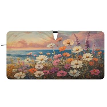 Imagem de Blueangle Pára-brisas com pintura de margaridas - 149,9 cm x 76,2 cm dobrável para janela dianteira do carro blocos de para-sol raios UV viseira de sol (593)