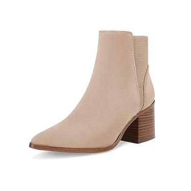Imagem de Coutgo Bota Chelsea feminina com bico fino e salto médio empilhado com salto médio, Cáqui (camurça), 40