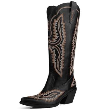 Imagem de DANAZANA Botas femininas de cano alto até o joelho, panturrilha larga, strass, botas caubói, bico fino, salto grosso, bordado brilhante, bota com meio zíper lateral, bota country brilhante, tamanho 6