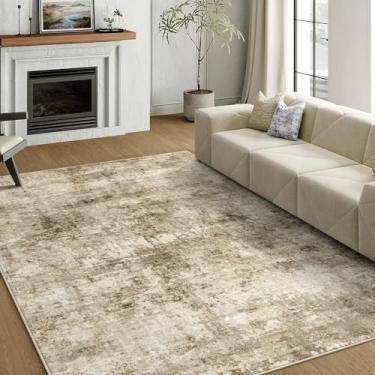 Imagem de GERUIMO Tapete lavável 12 x 18 cm, ultra antiderrapante, lã sintética macia, dobrável, resistente a manchas, marrom esverdeado abstrato moderno grande para sala de estar, quarto, sala de jantar