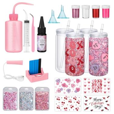 Imagem de Meanplan Pacote com 4 kits de suprimentos de globo de neve DIY Dia dos Namorados, cor vermelha rosa amor coração UV DTF Cup Wraps 473 ml lata de parede dupla 7 cores glitter espremer garrafa raspador