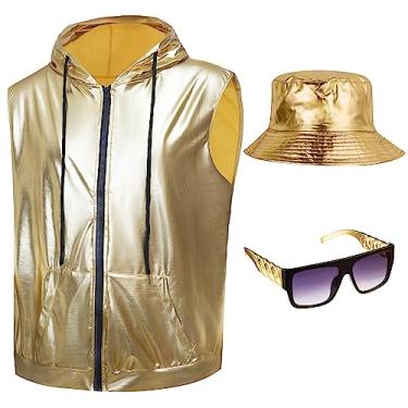 Imagem de FIOEOZ Kit de fantasia masculina hip hop, camiseta disco dourada, moletom com capuz sem mangas, chapéu balde, óculos de sol para festa dos anos 80 e 90, homens adultos