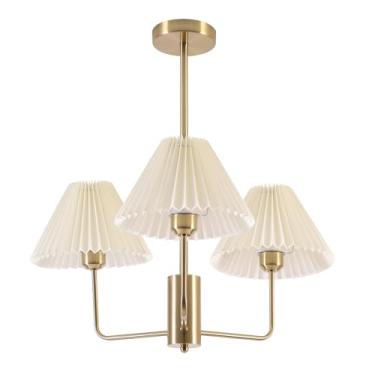 Imagem de Lustre plissado de 3 luzes em tecido branco, luminária pendente, estilo moderno de meados do século XX, lustre Sputnik dourado, lustres clássicos vintage para sala de jantar e quarto.