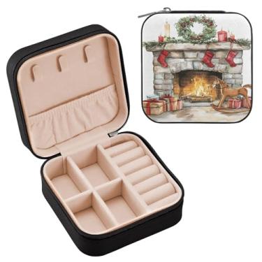 Imagem de Wassud Pintura de Natal em aquarela (2) estojo de joias de viagem para mulheres, meninas, senhoras, noiva, mini organizador de joias de couro PU, caixa quadrada de armazenamento de joias para brincos