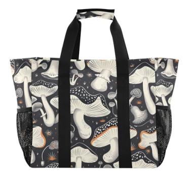 Imagem de Wassud Bolsa de compras reutilizável de cogumelo preto grande bolsa organizadora de lona impermeável para praia, piquenique, lavanderia, viagem